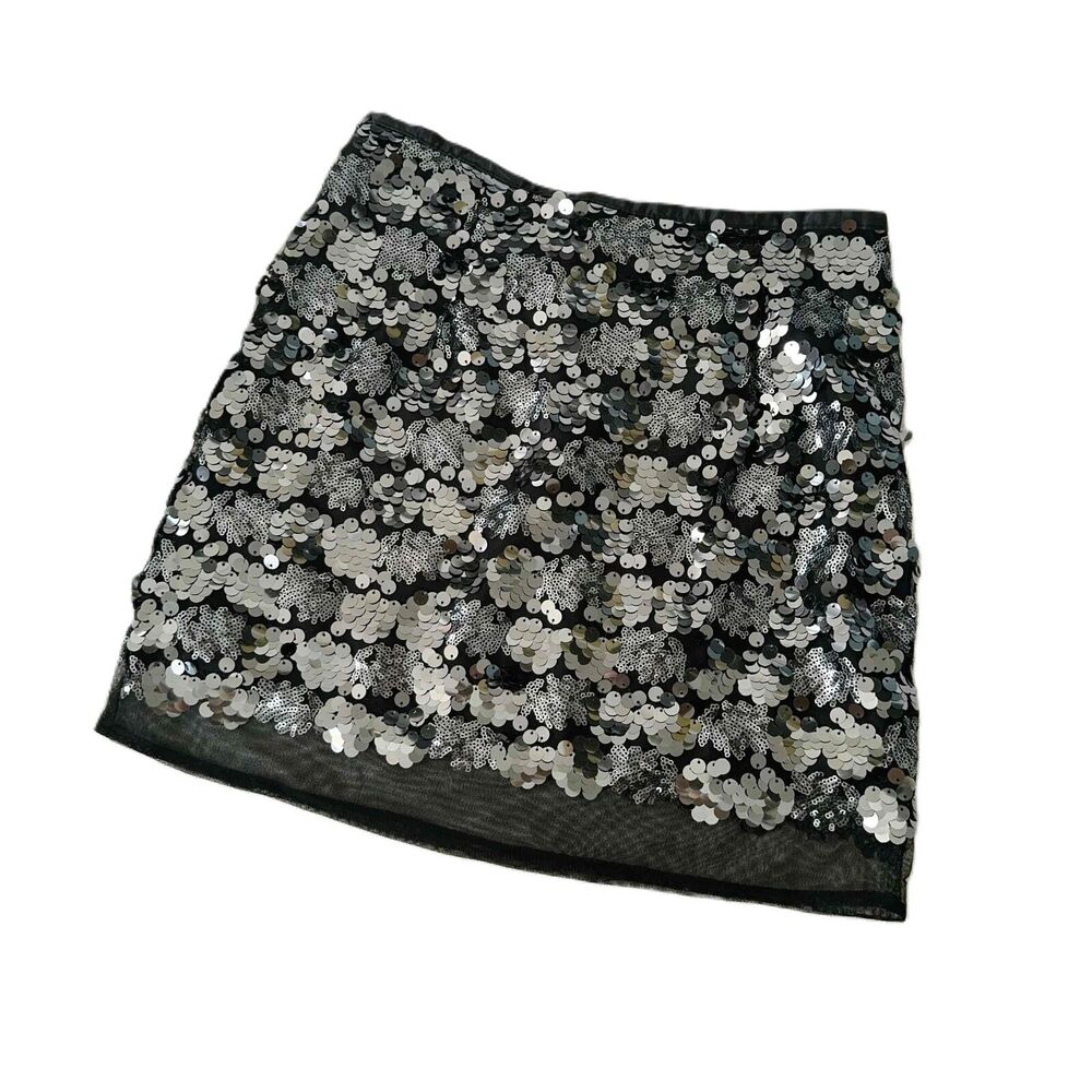 Forever 21 Metallic Sequin Floral Cluster Party Mini Black Silver Skirt S Small